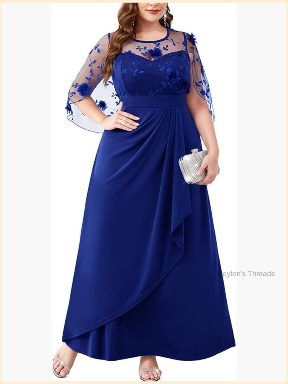 Plus Size Elegant Formal Evening Gown 3D Floral Cape Sleeve Maxi Dress